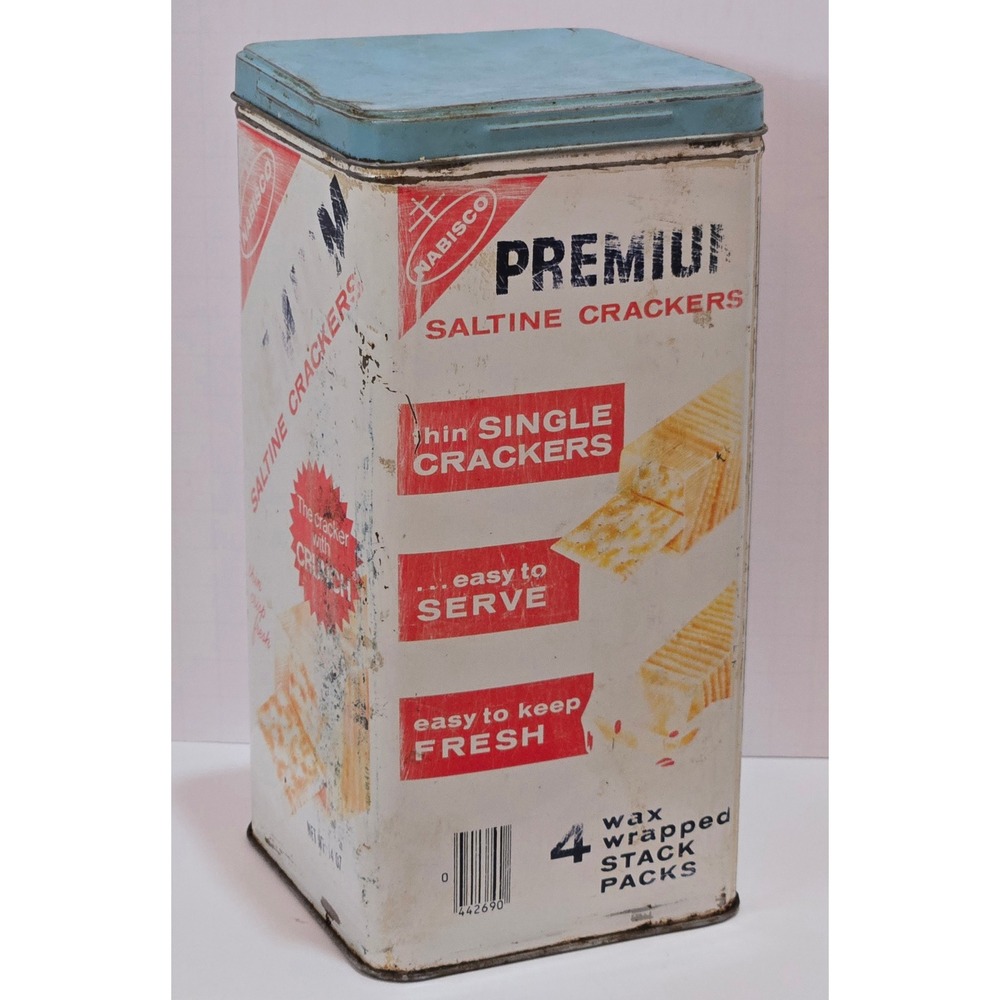 Vintage Nabisco Premium Saltine Crackers Tin Blue Lid 14oz Metal Advertising